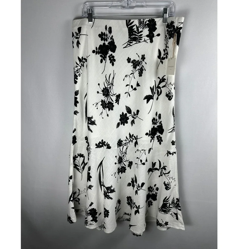 Cynthia‎ Rowley Linen Blend Skirt L White Black Floral Whimsigoth Cottagecore